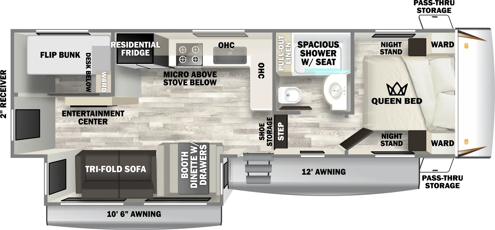 The Sabre 26BBR has one entry and one slide out. Exterior features include: fiberglass exterior and 10'6" & 12' awning. Interiors features include: bunk beds and front bedroom.